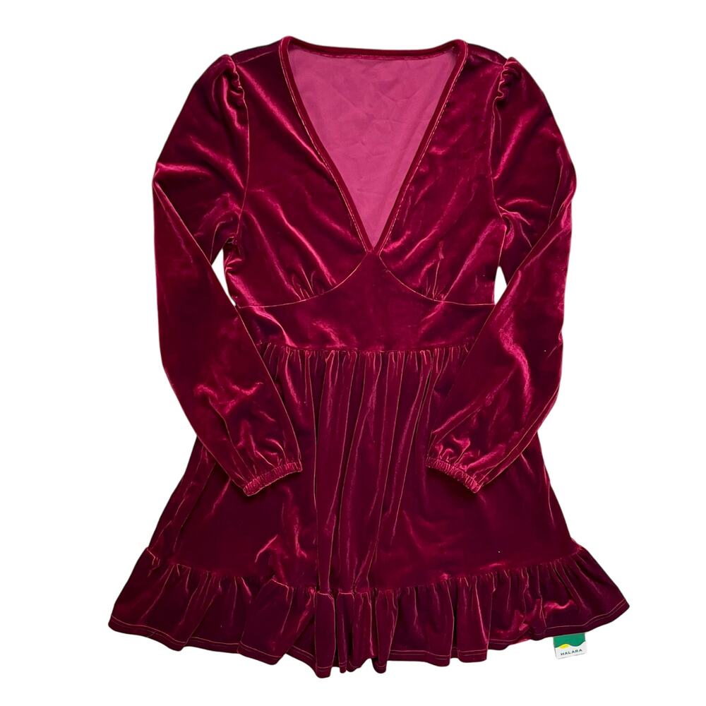 NWT Halara Everyday Deep V Neck Ruffled Hem Velvet Mini Chill Party Dress Size M